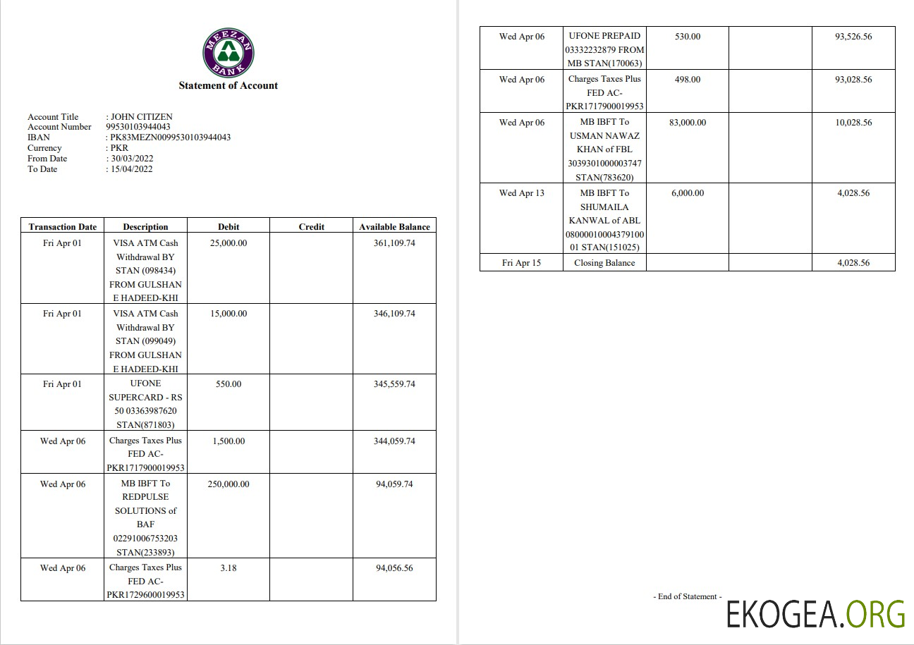 Relevé bancaire Pakistan Meezan 2 pages
